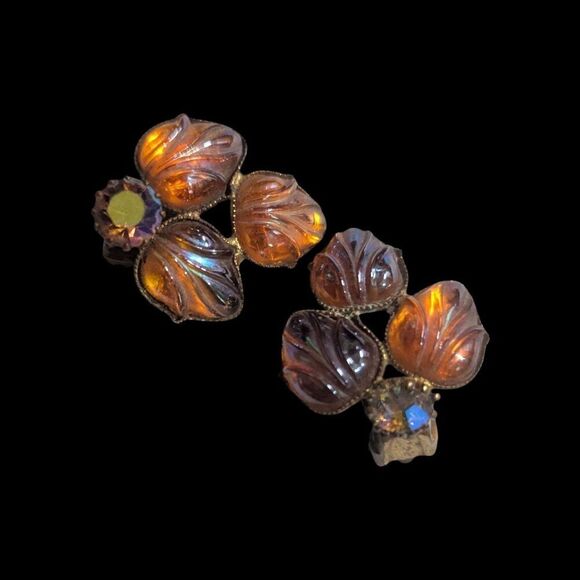 Vintage West Germany Amber Glass Clip-On Earrings Floral Design 1.25" Rhinestone - Picture 2 of 10